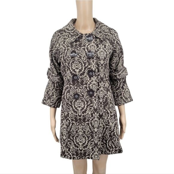 Luii Brown and Cream Chic Damask Patterned Double Breasted Swing Coat - Picture 1 of 15